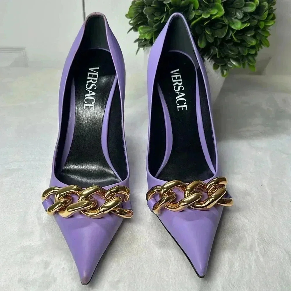 Versace SZ 7 Medusa Insignia Purple Gold Chain Heels Pumps - Picture 3 of 15